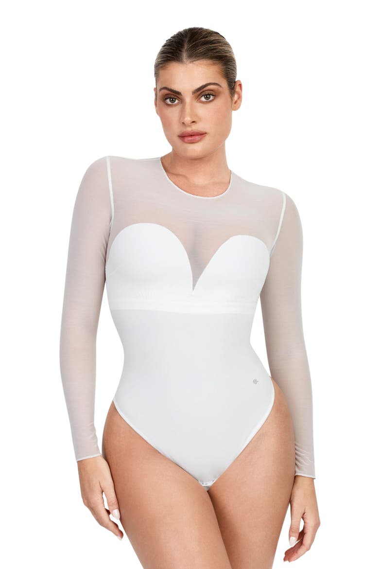 Sheer Mesh Sultry Date Night & Cocktail Long Sleeve Bodysuit, Alternate, color, Ivory