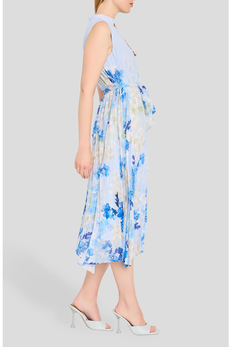 Border Print Pleated Tie Waist Midi Dress, Alternate, color, IVORY BLUE FLORAL
