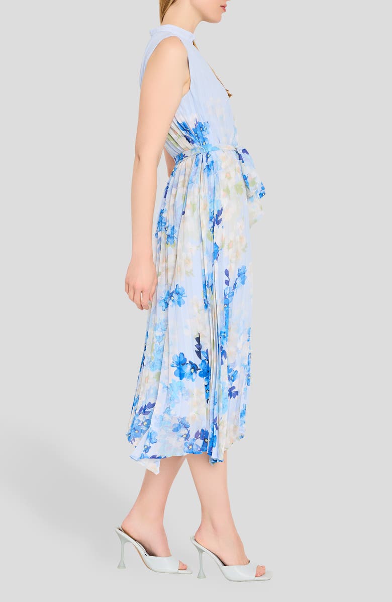 Tahari ASL Border Print Pleated Tie Waist Midi Dress, Alternate, color, Ivory Blue Floral