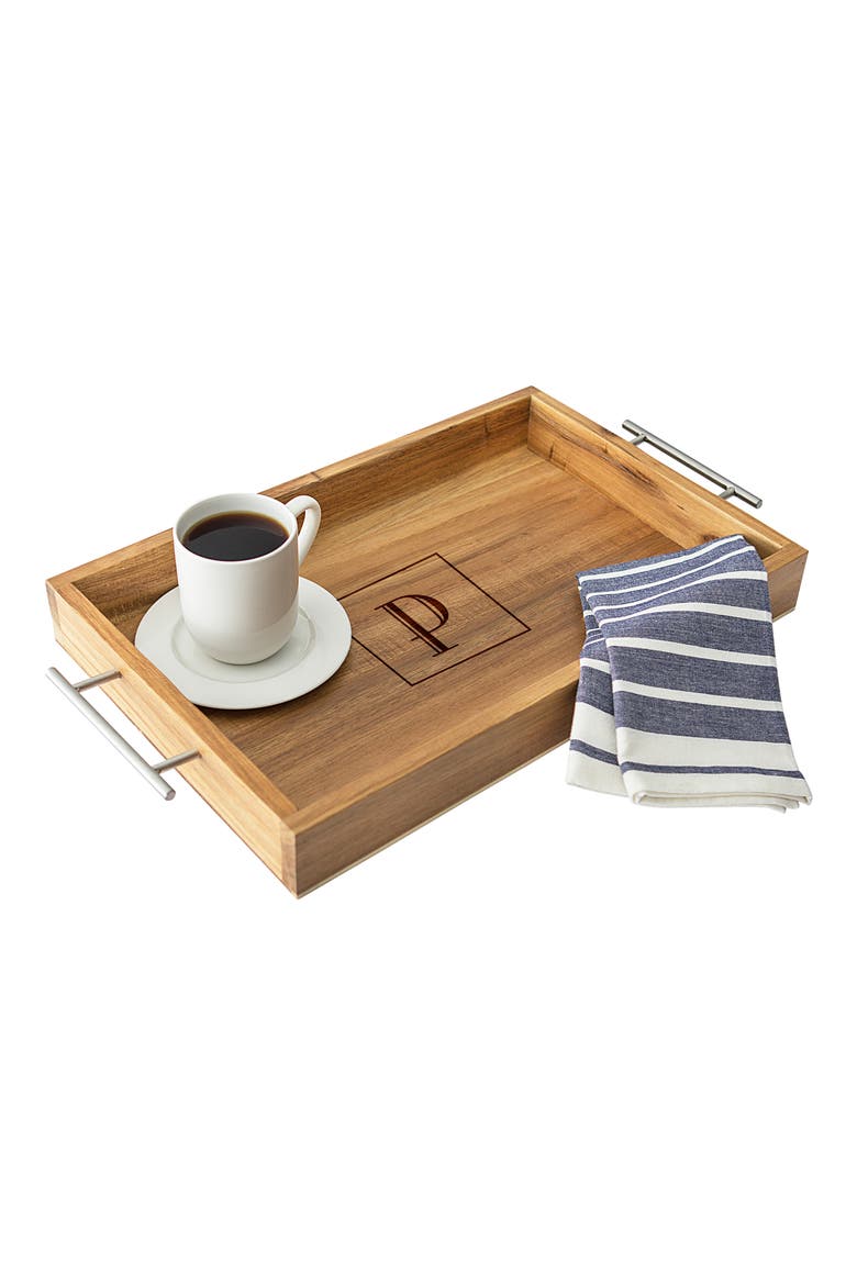 Monogram Acacia Tray with Metal Handles, Main, color, P
