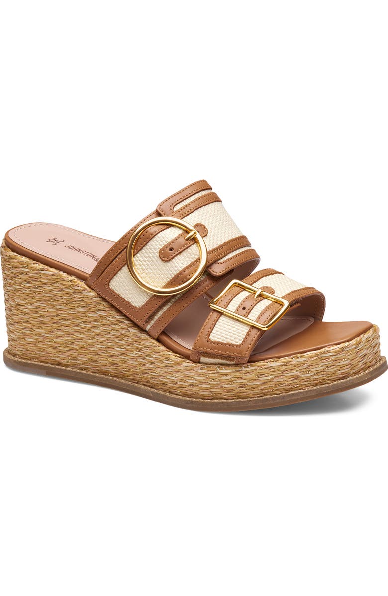 Johnston & Murphy Mallory Double Buckle Platform Wedge Sandal, Main, color, Natural Raffia