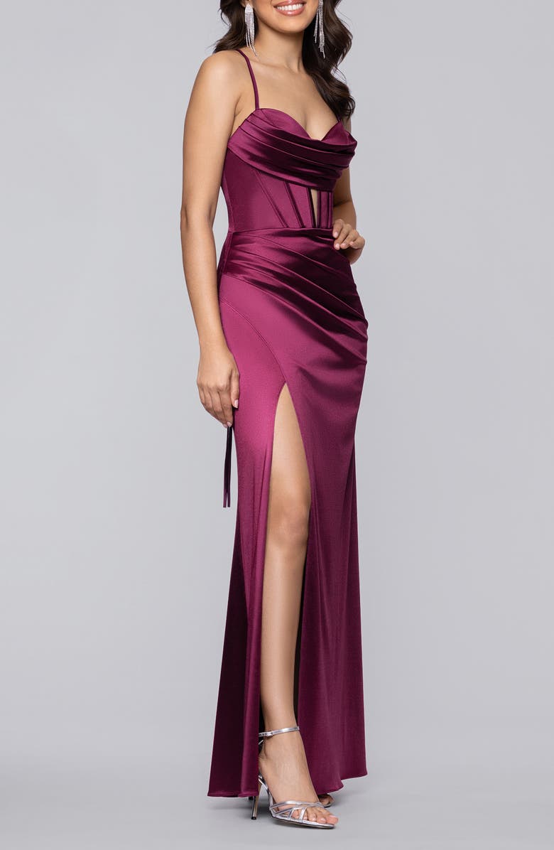 Blondie Nites Drape Corset Gown, Alternate, color, Burgundy