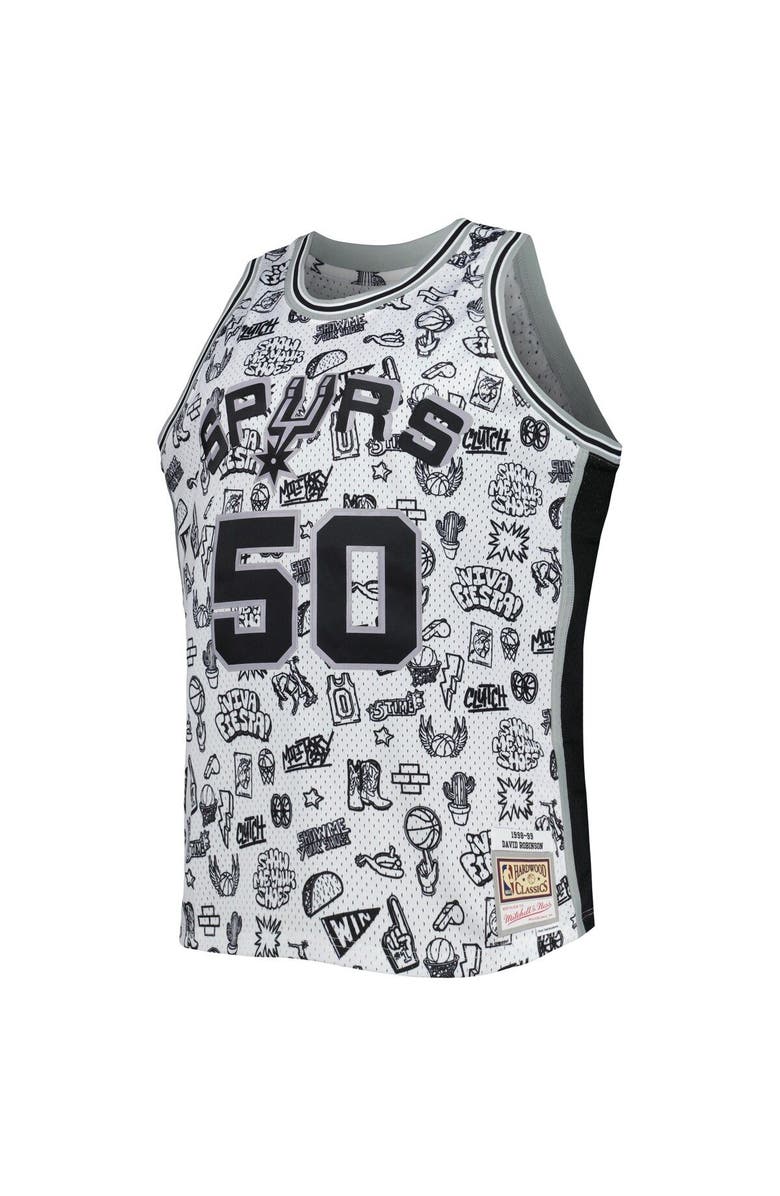 Mitchell & Ness Men's Mitchell & Ness David Robinson White San Antonio Spurs 1998/99 Hardwood Classics Doodle Swingman Player Jersey, Alternate, color, 