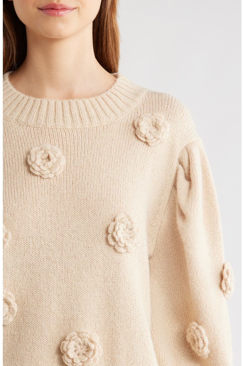 3D Crochet Flower Crewneck Sweater, Alternate, color, SAND