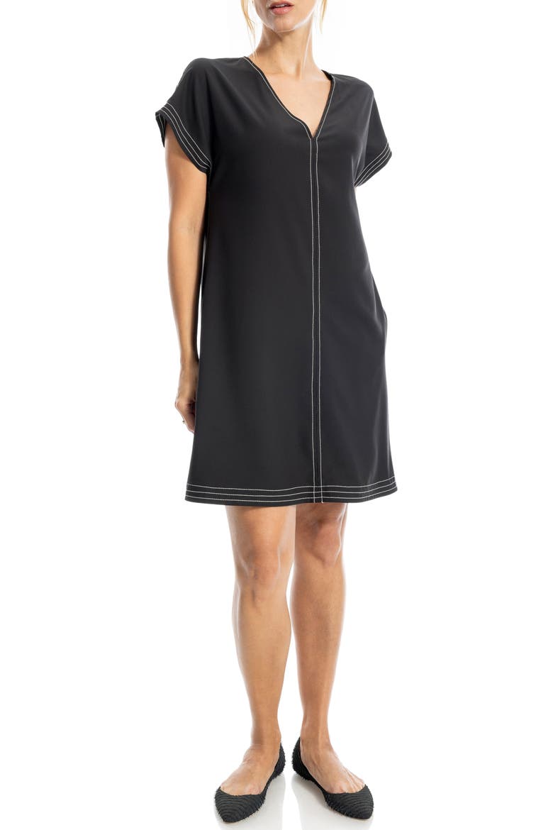 V-Neck Contrast Stitch Dress, Alternate, color, BLACK
