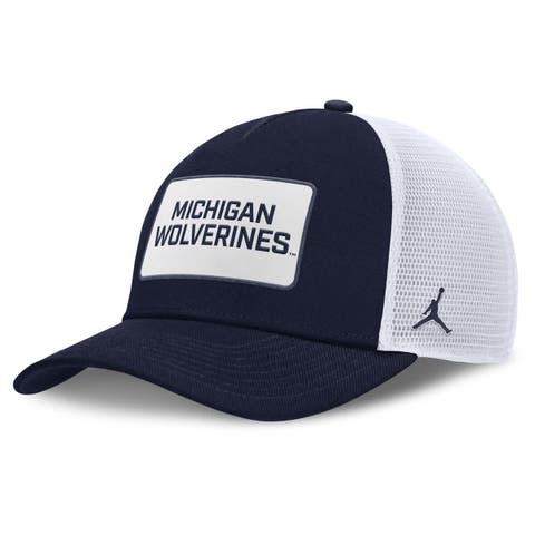 Men's Jordan Brand Navy/White Michigan Wolverines 2025 On-Field Rise Patch Trucker Adjustable Hat