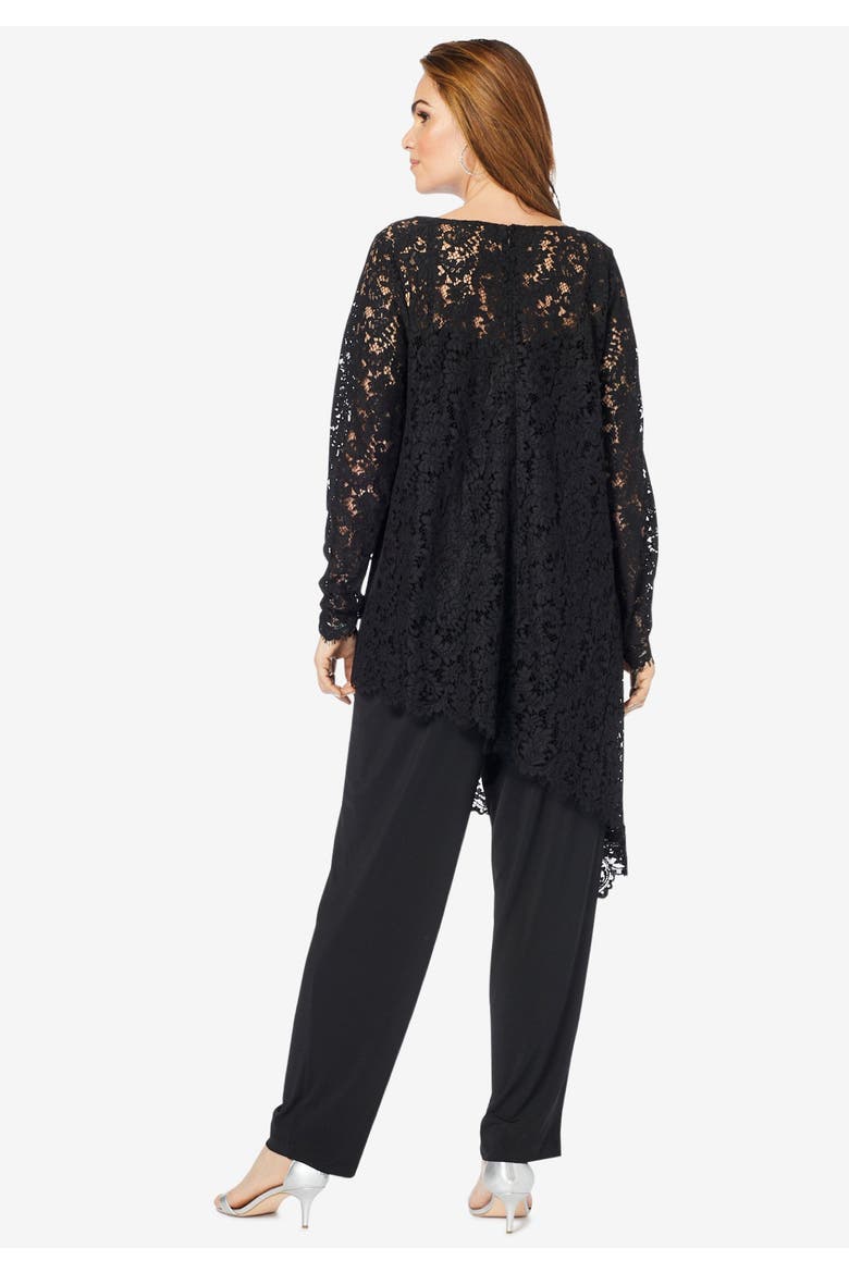 Plus Size Asymmetrical Lace Pant Set  Long Sleeve Lace Scalloped Tunic & Elastic Waist Pants, Alternate, color, DESERT CORAL