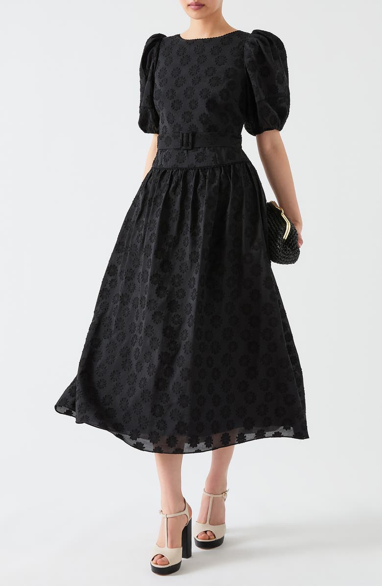 LK Bennett Esmerelda Puff Sleeve Fit & Flare Midi Dress, Main, color, Black