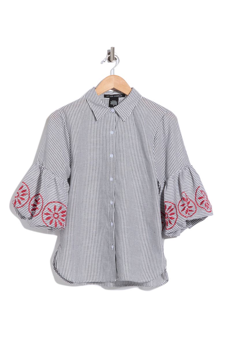 Embroidered Stripe Bubble Sleeve Shirt, Main, color, BLACK/ IVORY