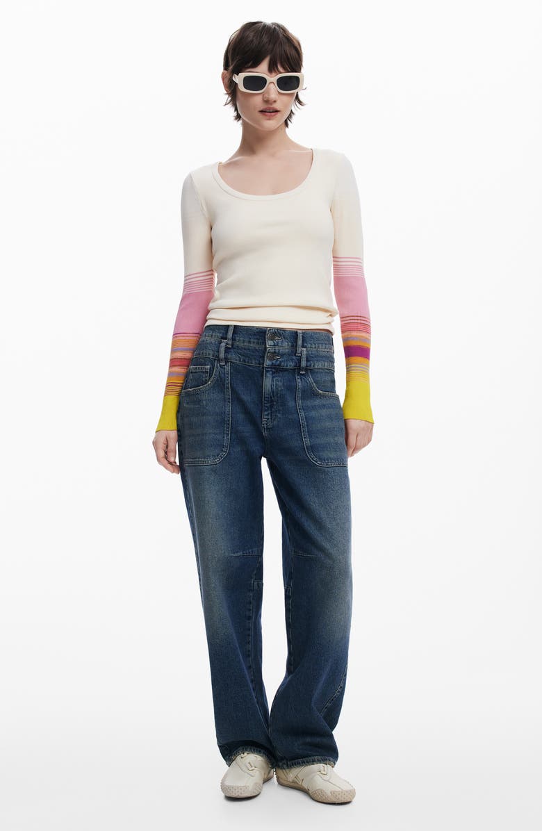 Desigual Stripe Detail Cotton Blend Rib Top, Alternate, color, White