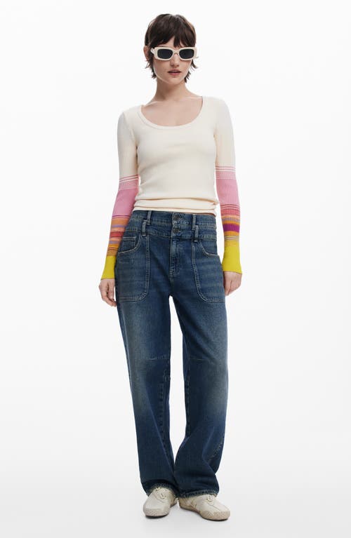 Desigual Stripe Detail Cotton Blend Rib Top In White