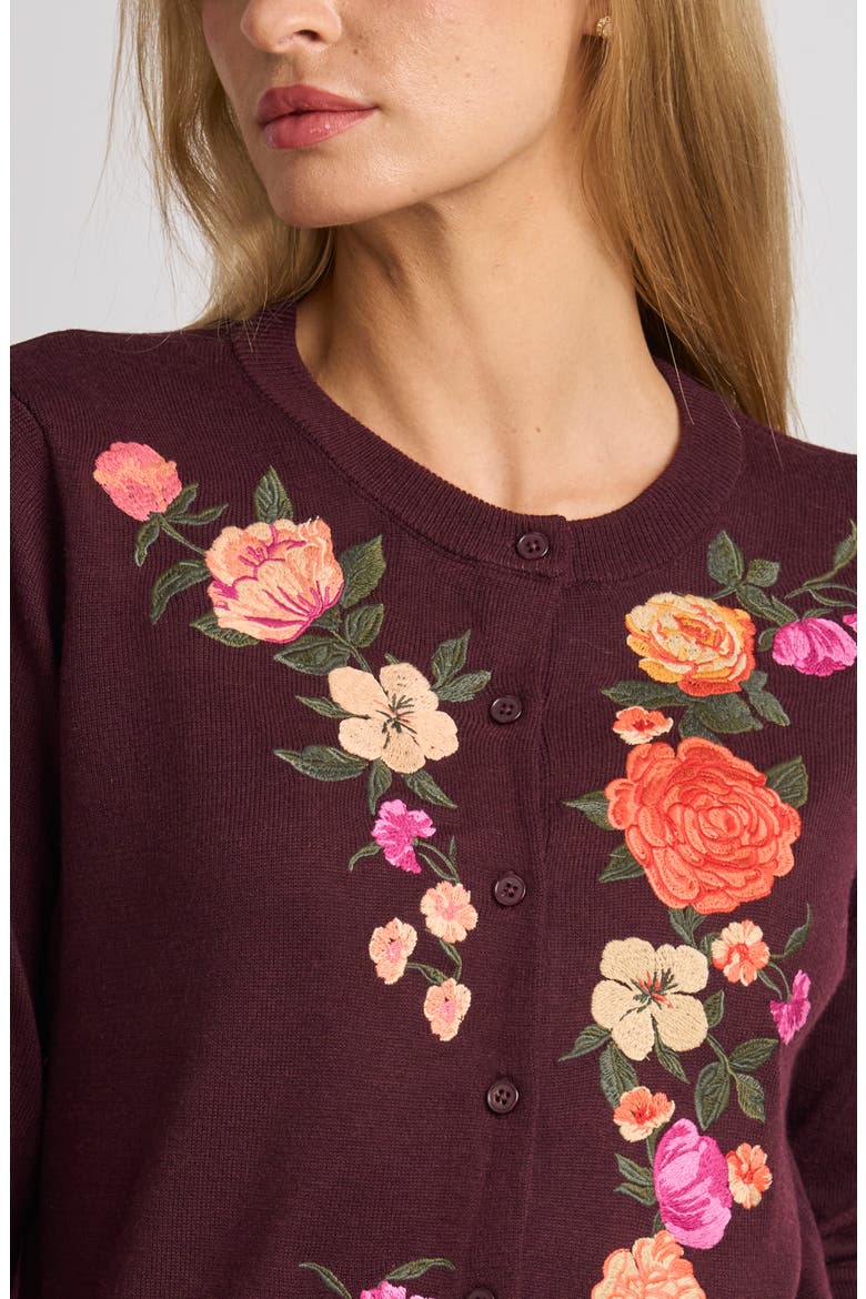 Elain Flowers Embroidered Cardigan, Alternate, color, BURGUNDY GRAPE