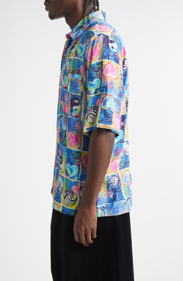 Martine Rose Blue Hearts Boxy Button-Up Shirt, Alternate, color, Blue