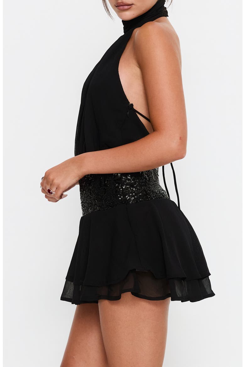 Zenayda Sequin Open Back Drop Waist Minidress, Alternate, color, BLACK