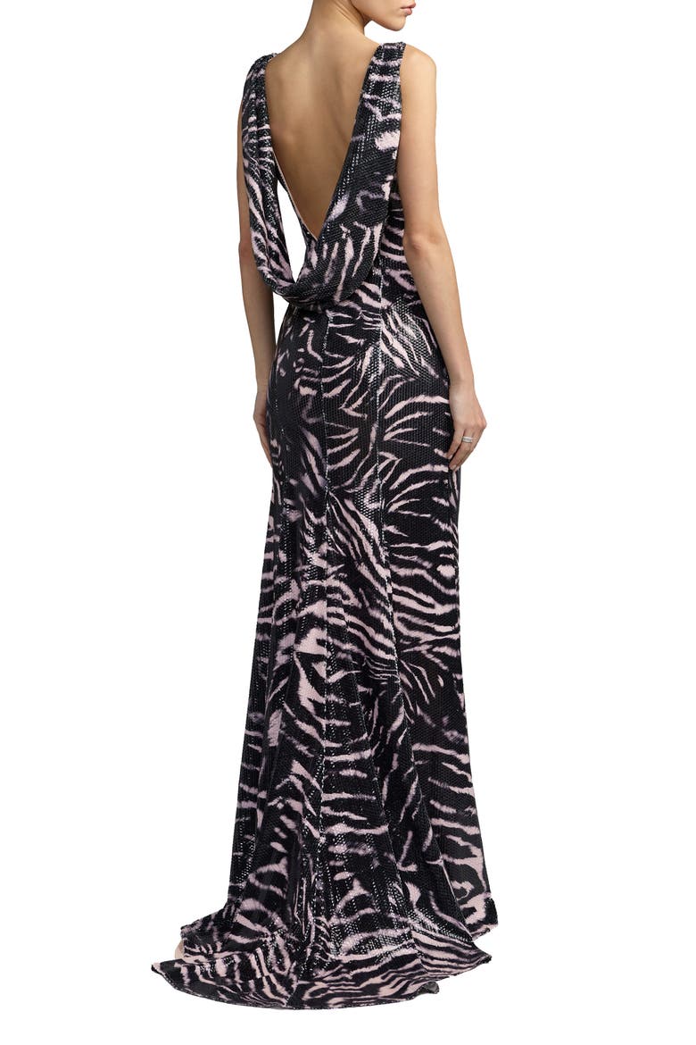 Tiger Print Cowl Back Sequin Gown, Alternate, color, Tiger Multi