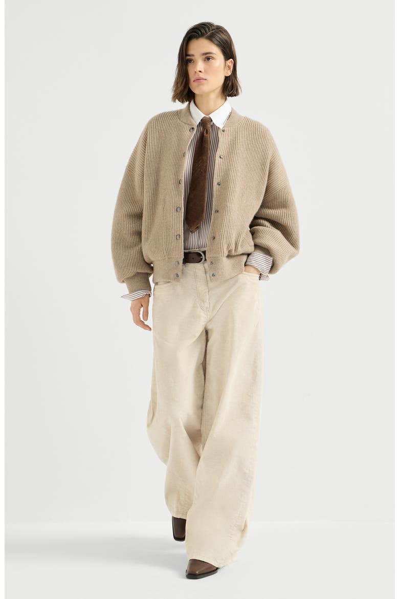 Garment-dyed wide trousers in cotton and linen corduroy with monili, Alternate, color, Ecru