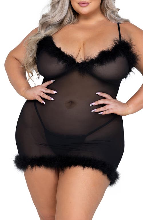 Roma Confidential After Hours Feather Trim Mesh Chemise with G-String Thong in Black at Nordstrom, Size 1X