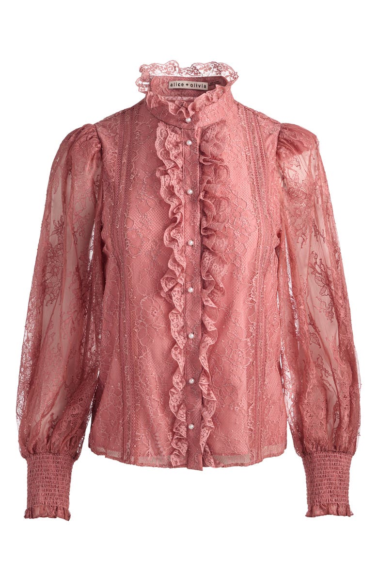 Alice + Olivia Eugenia Lace High Neck Button-Up Shirt, Alternate, color, Bohemian Rose