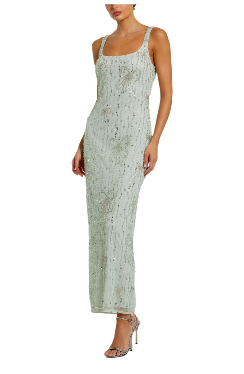 Mac Duggal Beaded Mesh Scoop Neck Ankle Dress With Bows, Main, color, Seafoam