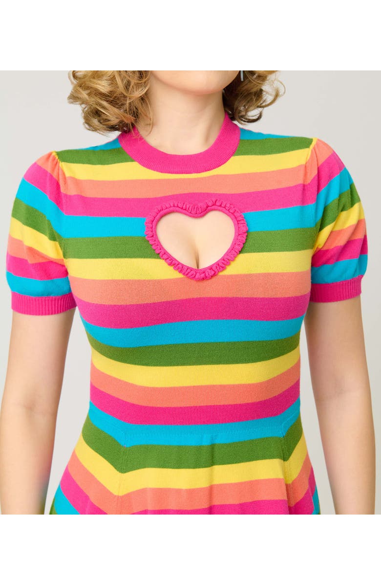 Smak Parlour Heart Cutout Flare Dress, Alternate, color, Pink W/ Rainbow Stripe