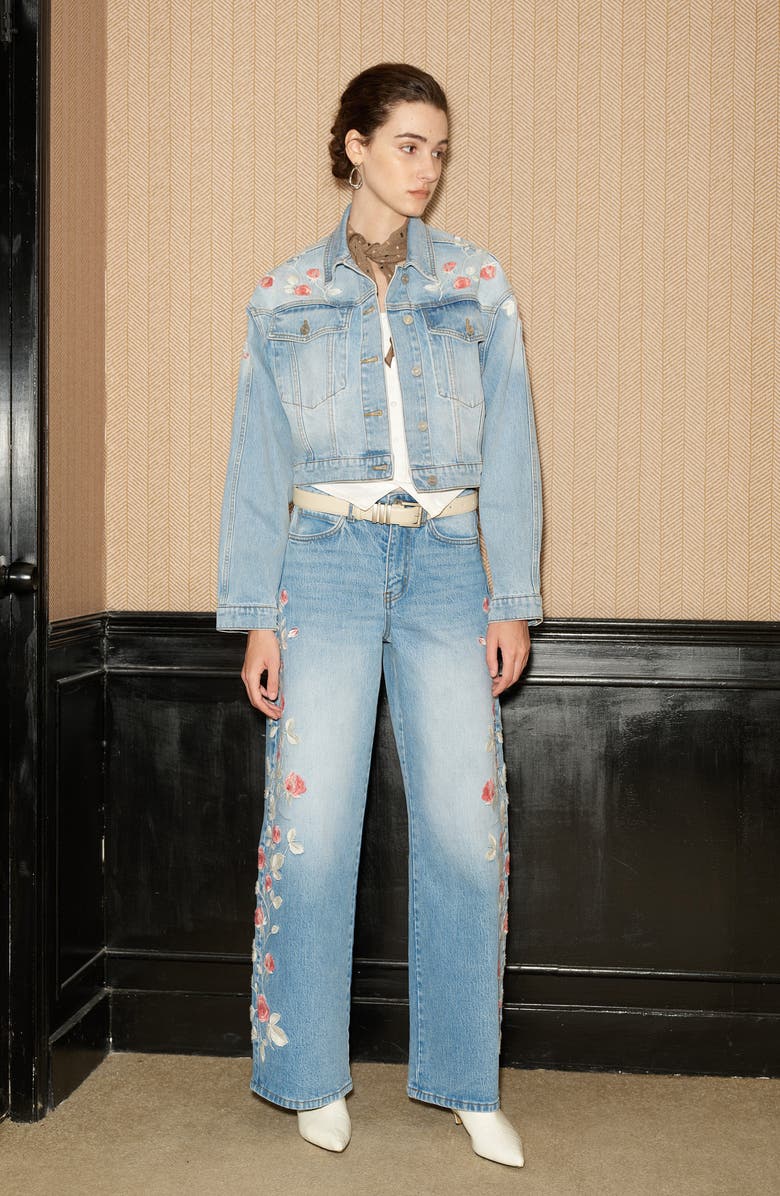 Bayeas Floral Embroidered High Waist Barrel Leg Jeans, Alternate, color, Light Blue