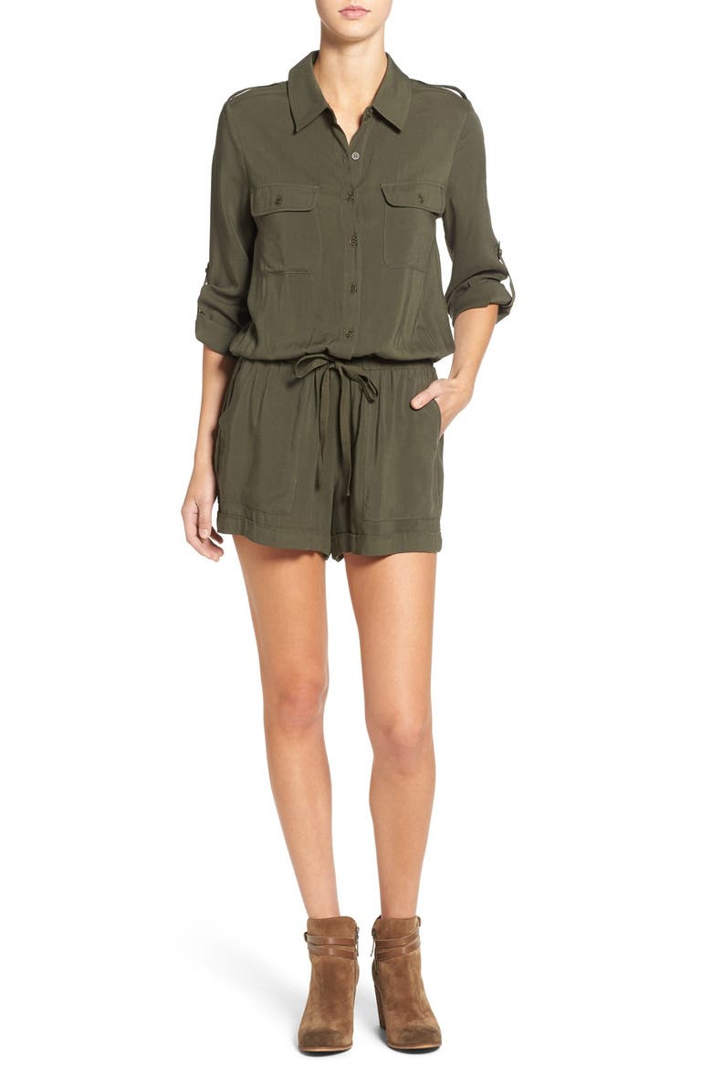 Roll-Up Sleeve Woven Romper, Main, color, OLIVE