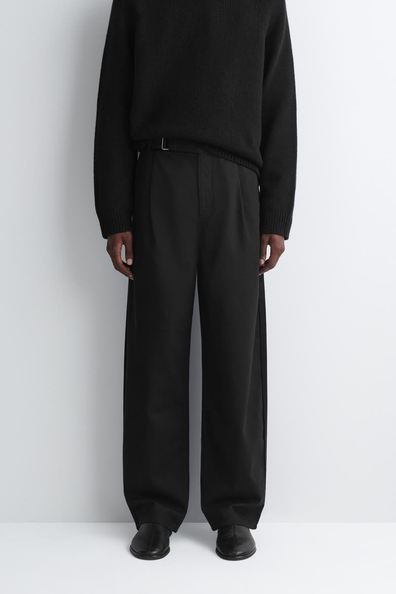 Buckled Denim Relaxed-fit Barrel-leg Pants, Alternate, color, BLACK