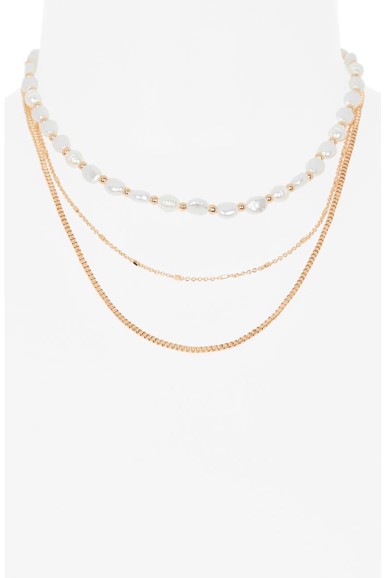 Faux Pearl Layered Chain Necklace, Alternate, color, WHITE- GOLD