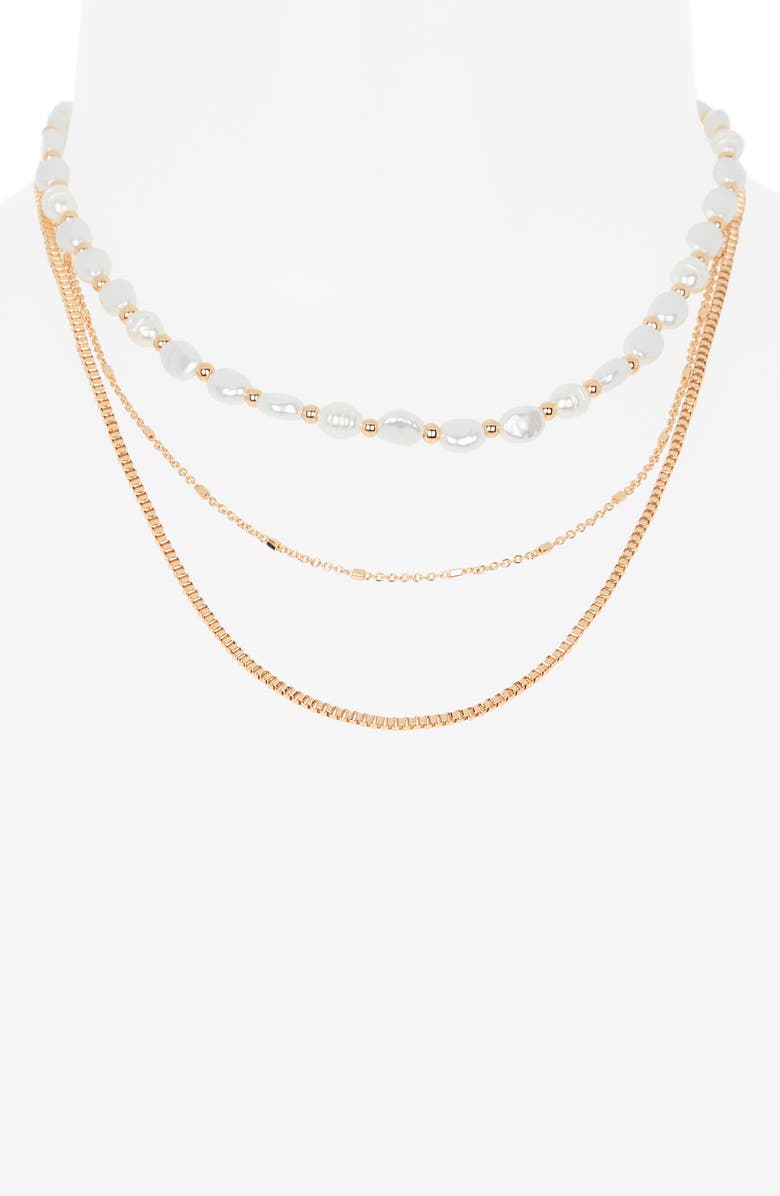 NORDSTROM RACK Faux Pearl Layered Chain Necklace, Alternate, color, White- Gold
