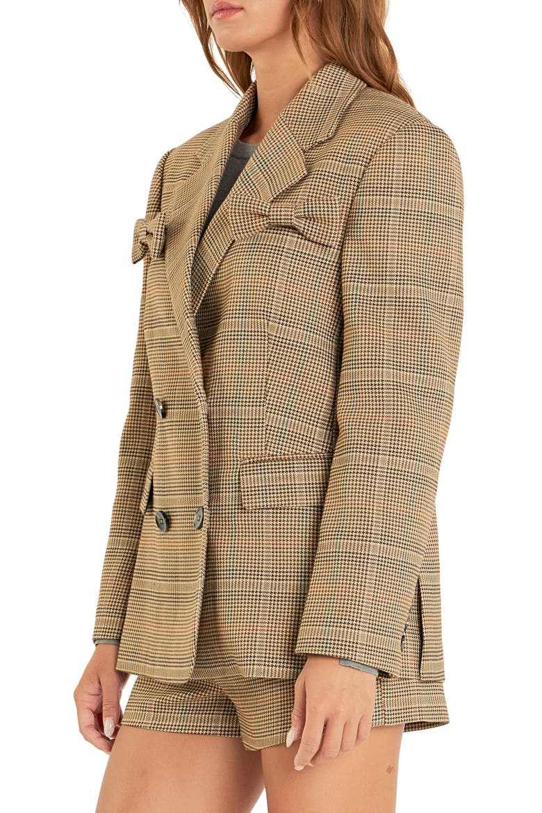 Glen Check Bow Detail Double Breasted Blazer, Alternate, color, BROWN