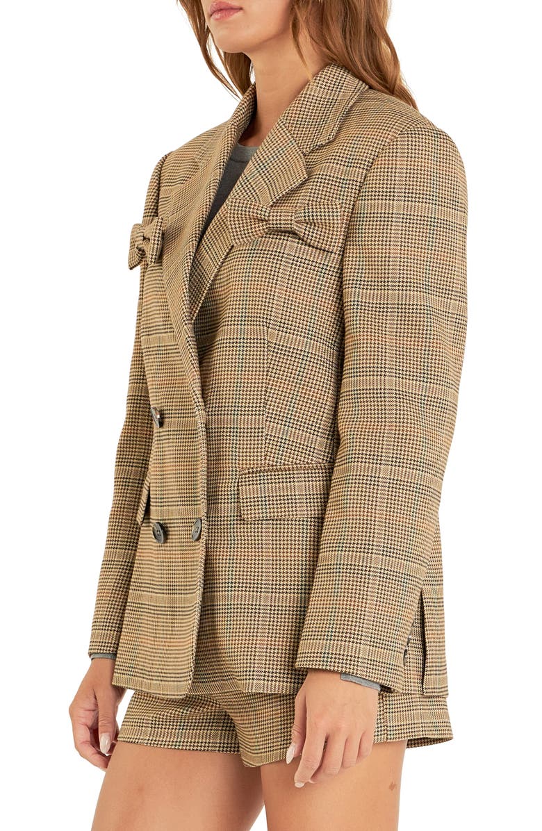 English Factory Glen Check Bow Detail Double Breasted Blazer, Alternate, color, Brown