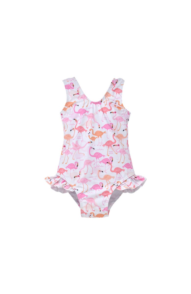 Flap Happy Infant & Toddlers Sun Protective UPF 50+ Delaney Hip Ruffle Swimsuit, Main, color, Flamingo Love