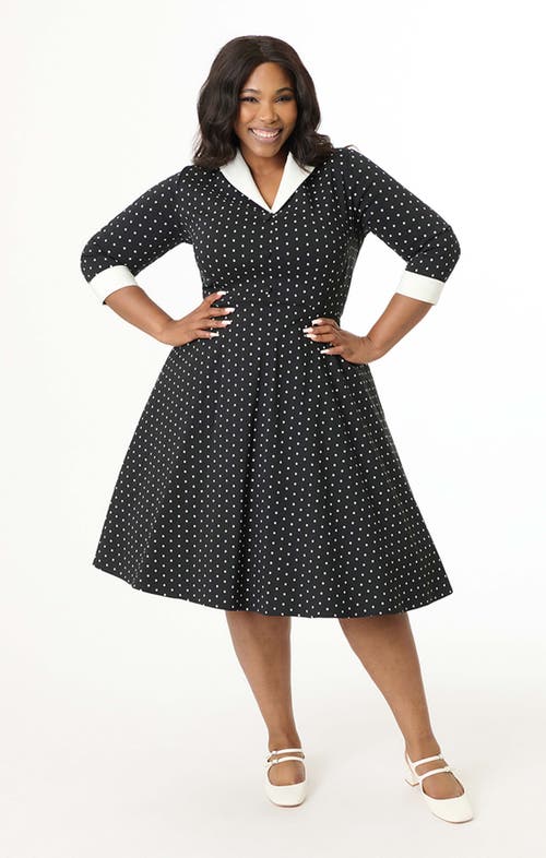 Unique Vintage Plus Size 1950s Three-quarter Length Sleeve Shirt Dress In Black