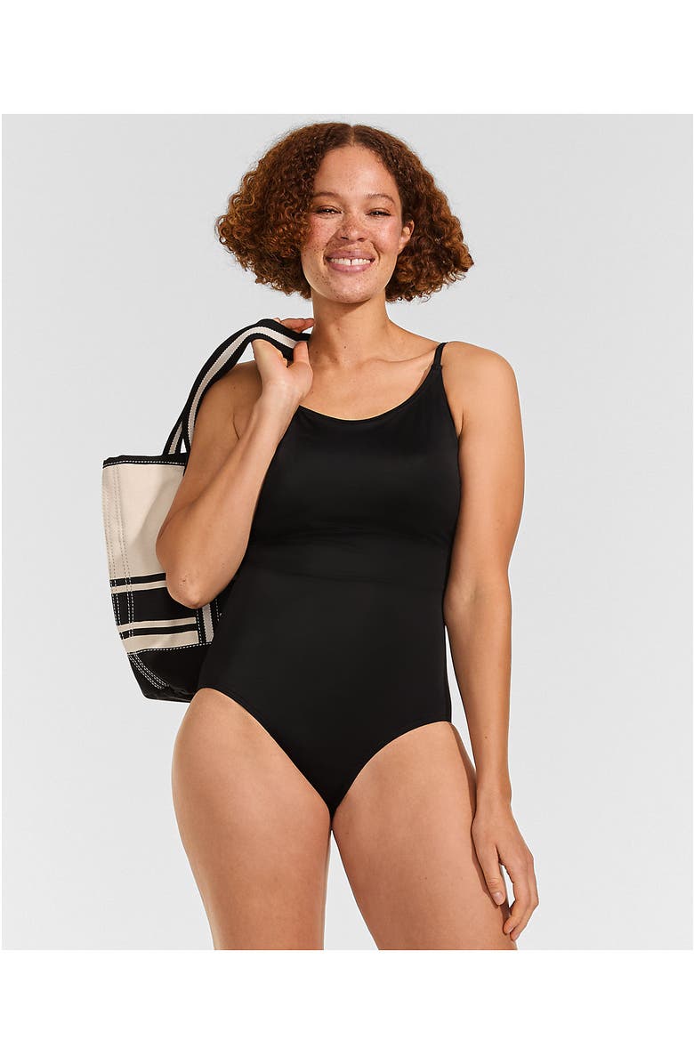Lands' End Chlorine Resistant Scoop Neck High Leg Tugless Tank Thin Strap One Piece Swimsuit Adjustable, Alternate, color, Black