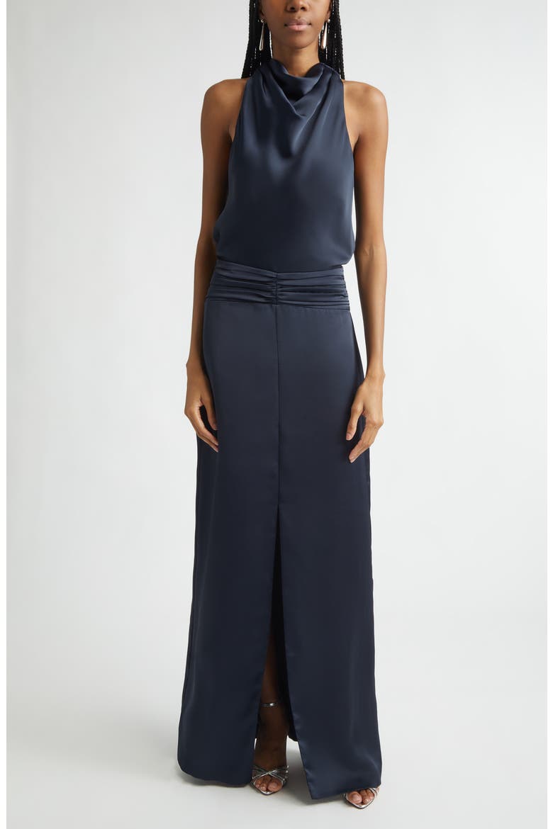 Charmayne Sleeveless Satin Gown, Main, color, NAVY
