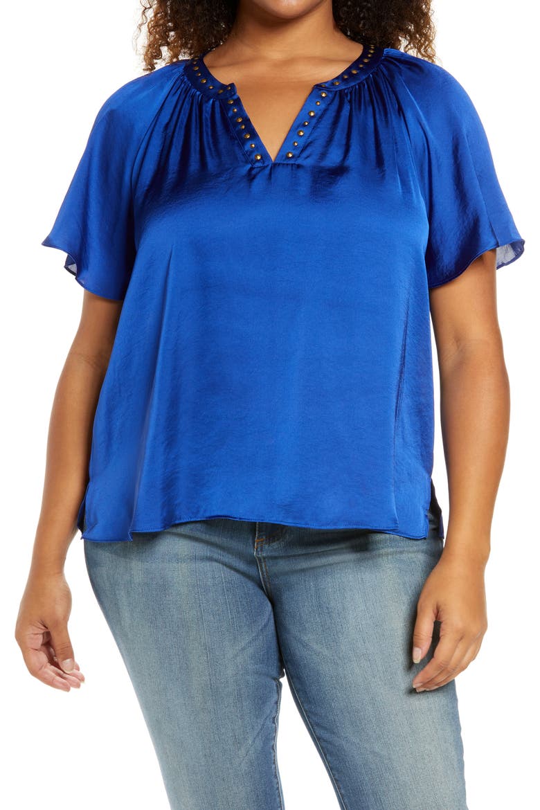 Stud Satin Blouse, Main, color, CELESTIAL BLUE