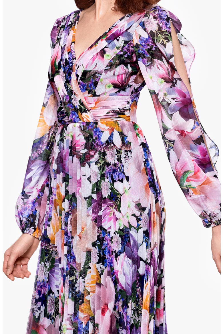 Metallic Floral Pleated Long Sleeve Gown, Alternate, color, PURPLE MULTI