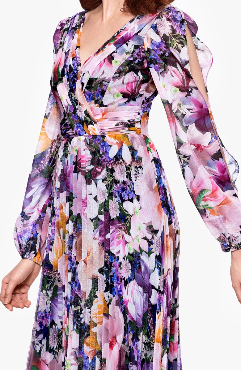 Betsy & Adam Metallic Floral Pleated Long Sleeve Gown, Alternate, color, Purple Multi