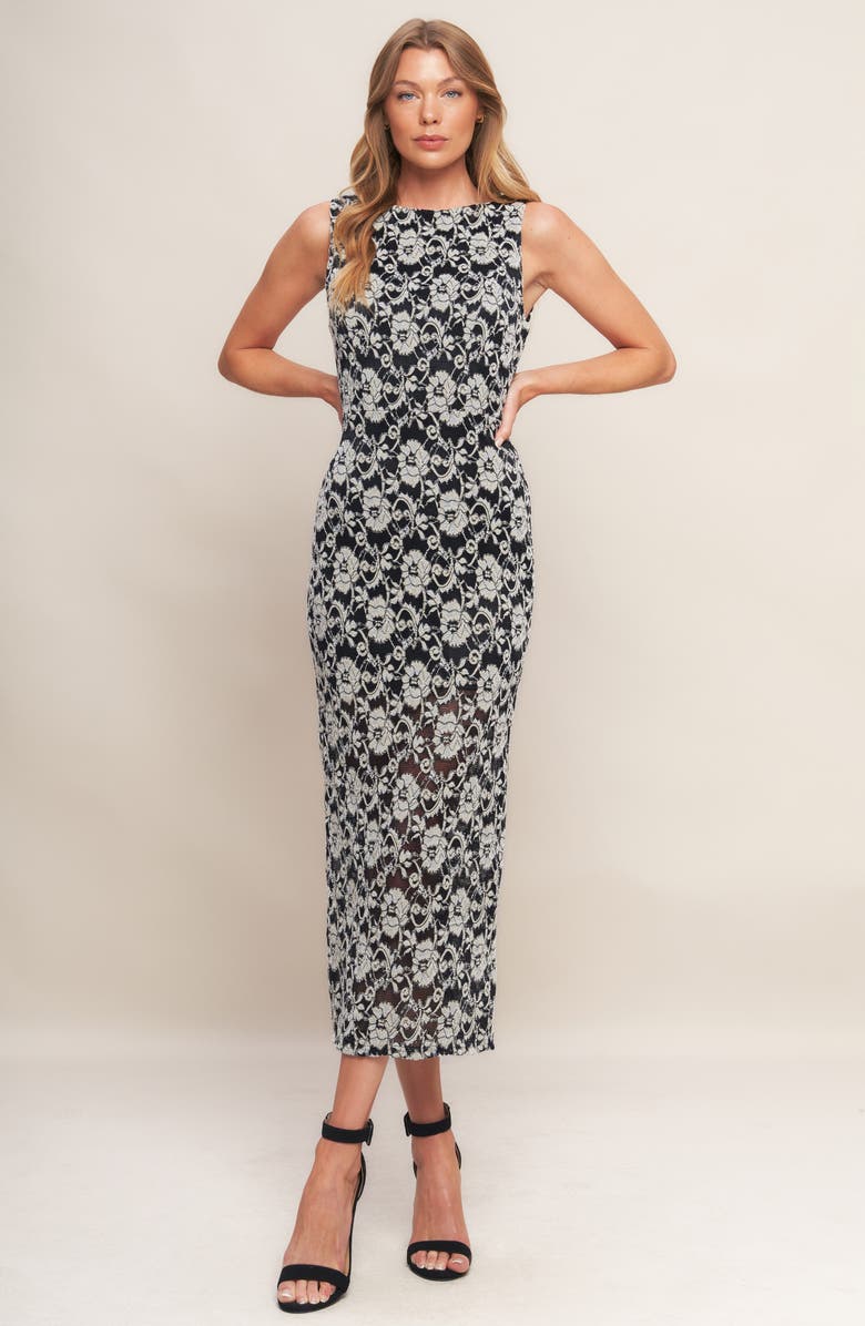 FLYING TOMATO Floral Sleeveless Stretch Lace Midi Dress, Alternate, color, Black/ Taupe