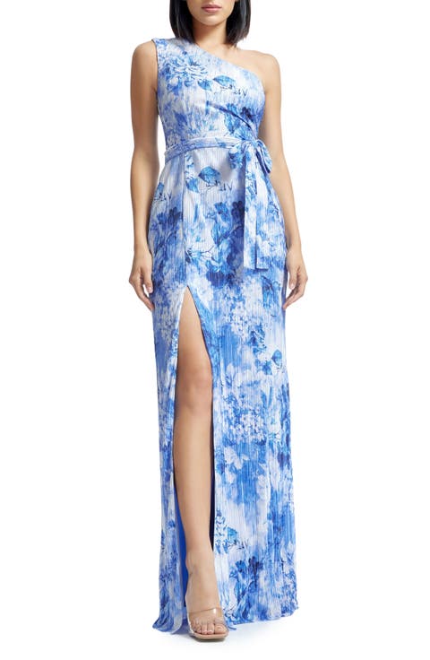 Bella Floral Plissé One-Shoulder Gown
