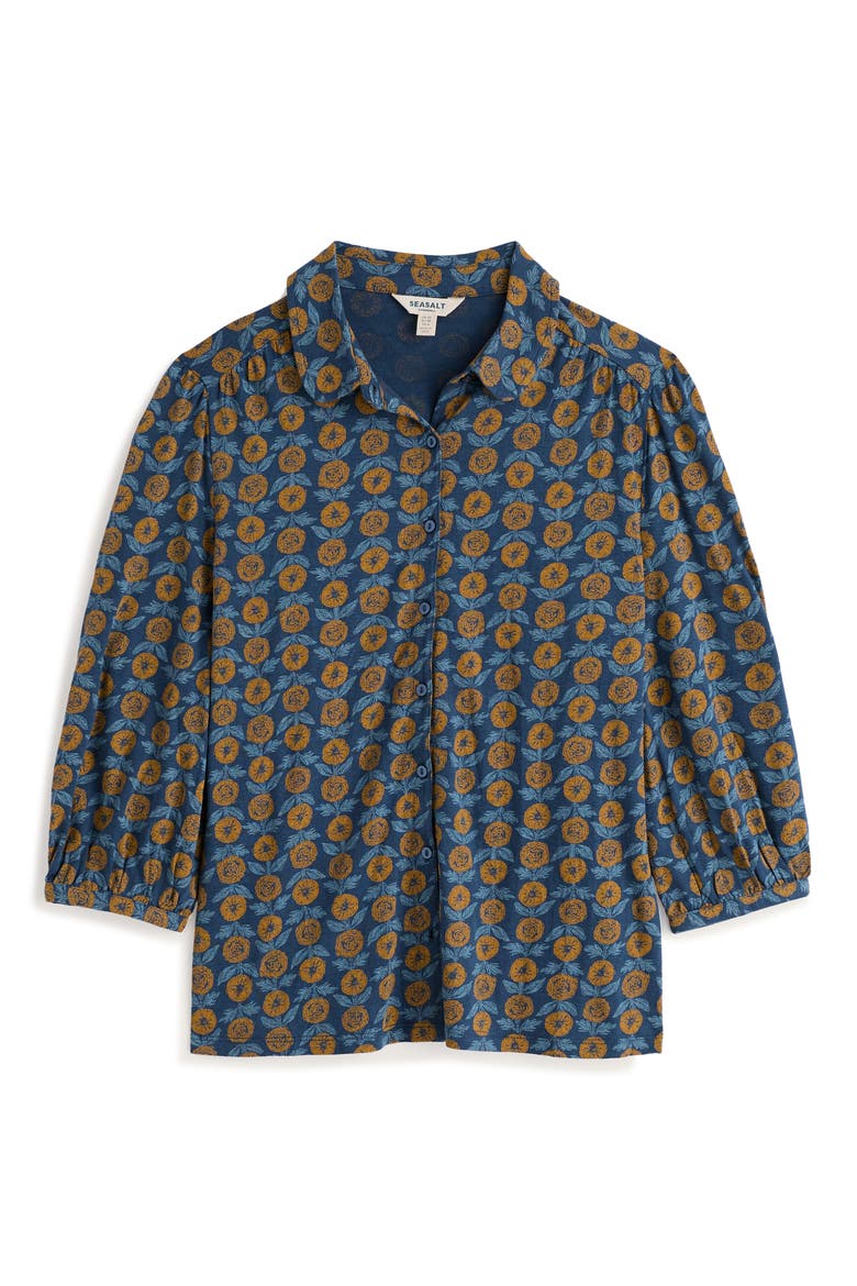 Embrace Floral Print Three-Quarter Sleeve Shirt, Alternate, color, MARIGOLD SKETCH MARINE