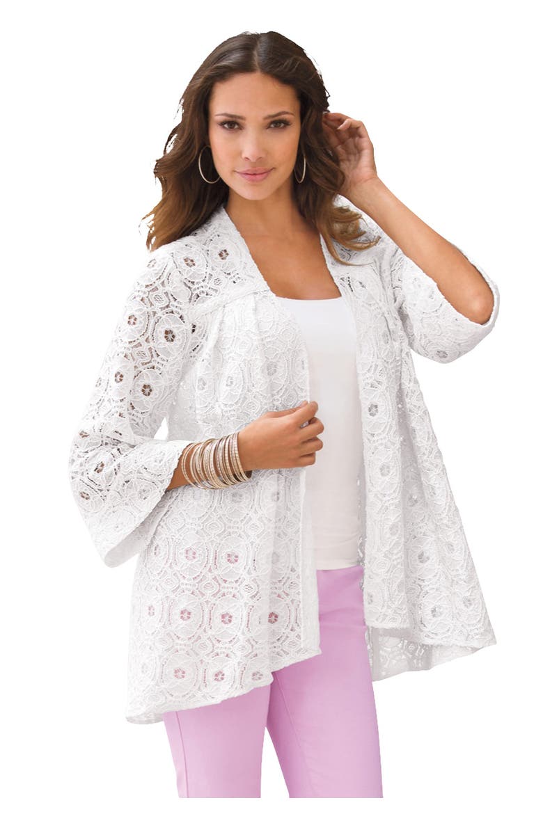 Plus Size Lace Three Quarter Sleeve Swing Jacket, Main, color, WHITE