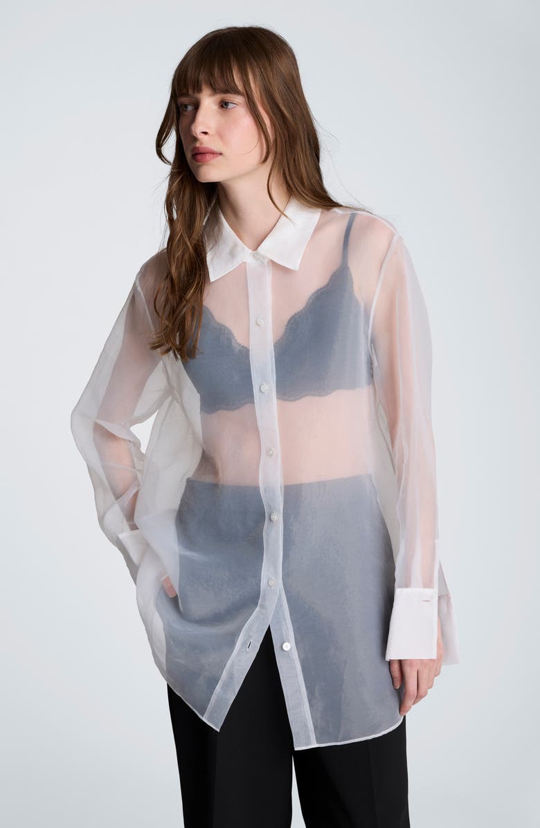 Kenneth Cole Sheer Oversize Button-Up Shirt, Alternate, color, Feather White