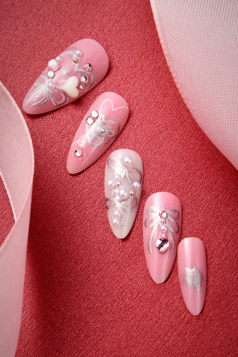 Hearts Of Pearls Almond Press On Nails, Alternate, color, Pink