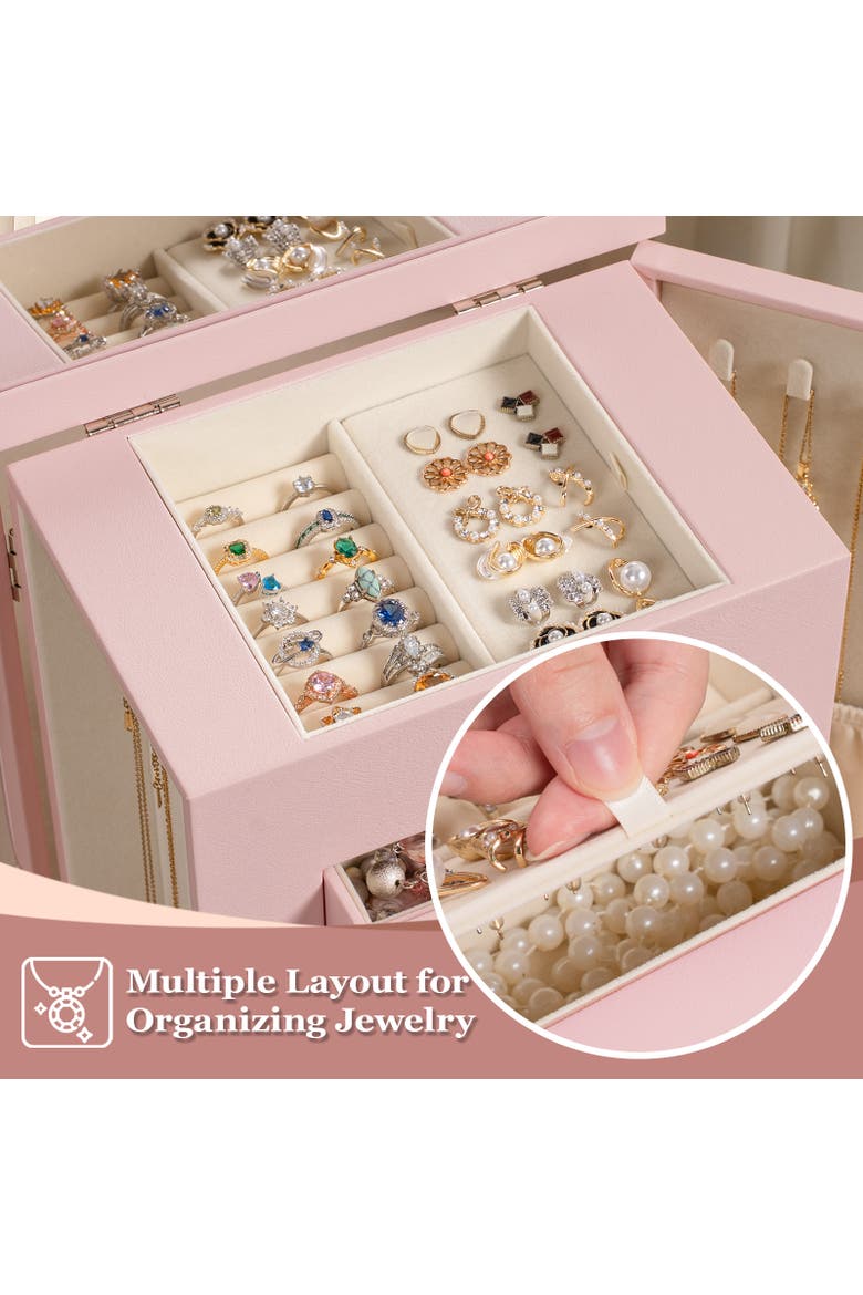 Standing Jewelry Armoire with Lid Mirror, Alternate, color, Pink