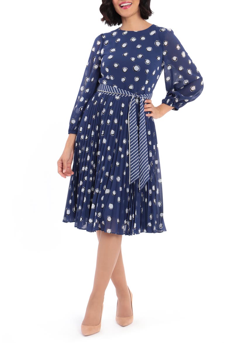Dot Print Long Sleeve Pleated Midi Dress, Alternate, color, NAVY/ SOFT WHITE