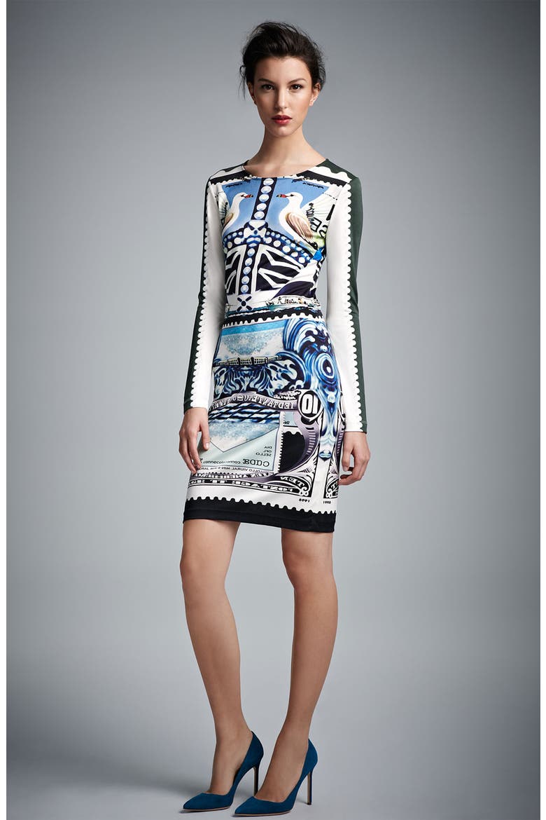 Bird Print Jersey Dress, Alternate, color, BLUE WHITE BROWN