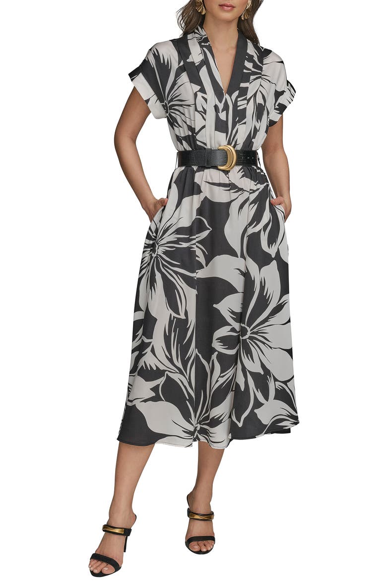 Floral Print Belted Midi Dress, Main, color, BLACK/ PRISTINE