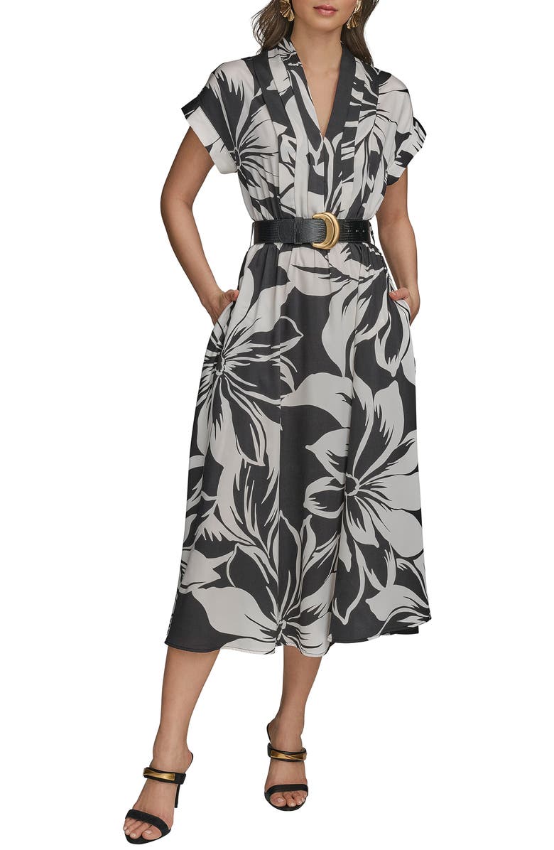 Donna Karan New York Floral Print Belted Midi Dress, Main, color, Black/ Pristine