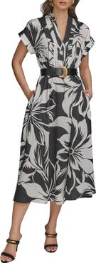 Donna Karan New York Floral Print Belted Midi Dress